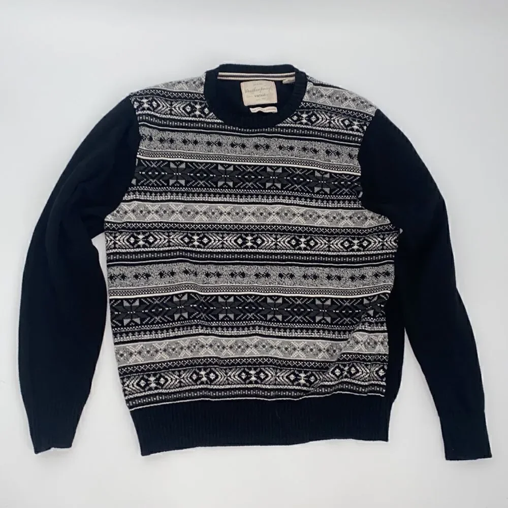 Weatherproof Vintage Men's Fair Isle Holiday Black Gray Cotton Sweater Large